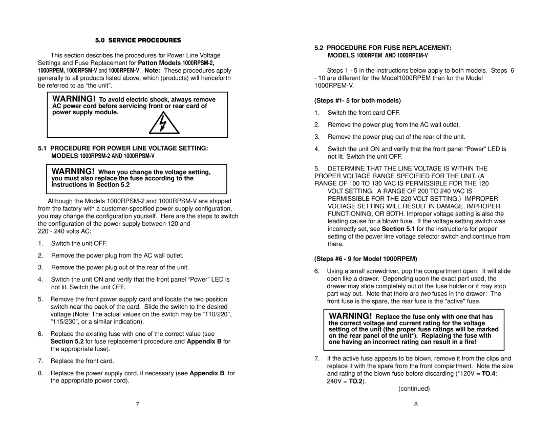 Patton electronic user manual Service Procedures, Steps #1- 5 for both models, Steps #6 9 for Model 1000RPEM 