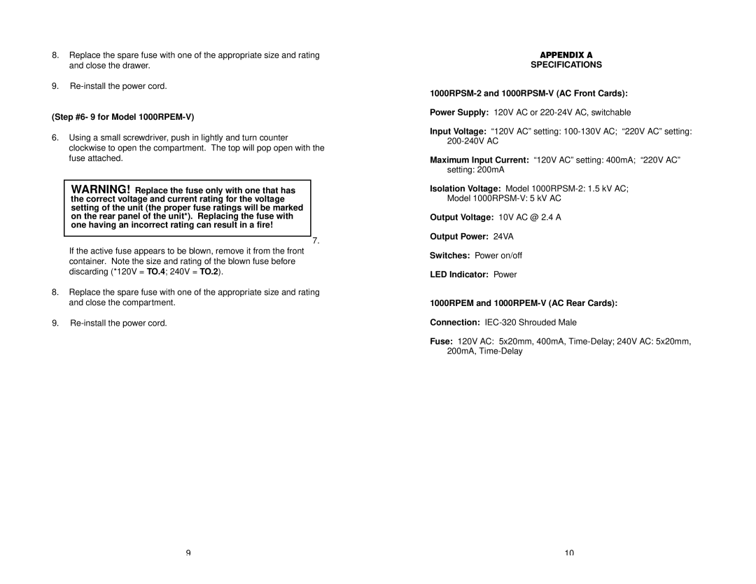 Patton electronic Step #6- 9 for Model 1000RPEM-V, Appendix a Specifications, 1000RPSM-2 and 1000RPSM-V AC Front Cards 