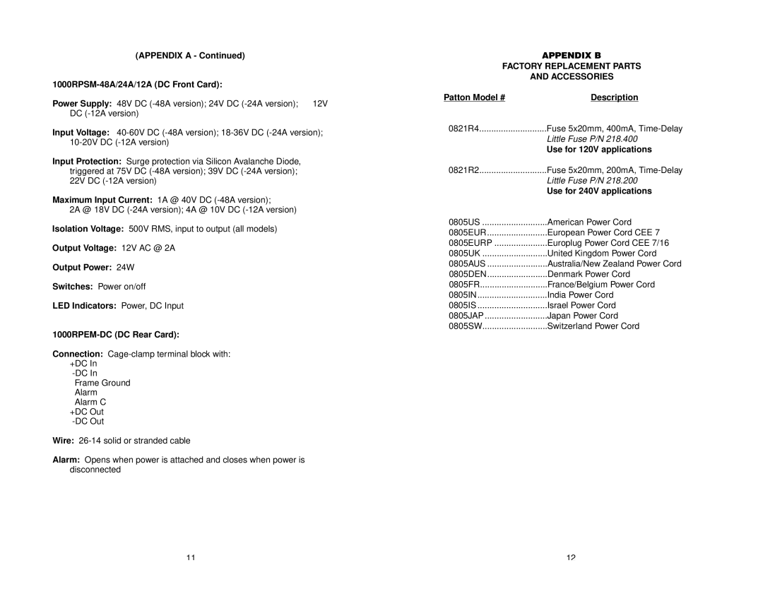 Patton electronic 1000RP user manual Appendix B Factory Replacement Parts Accessories 