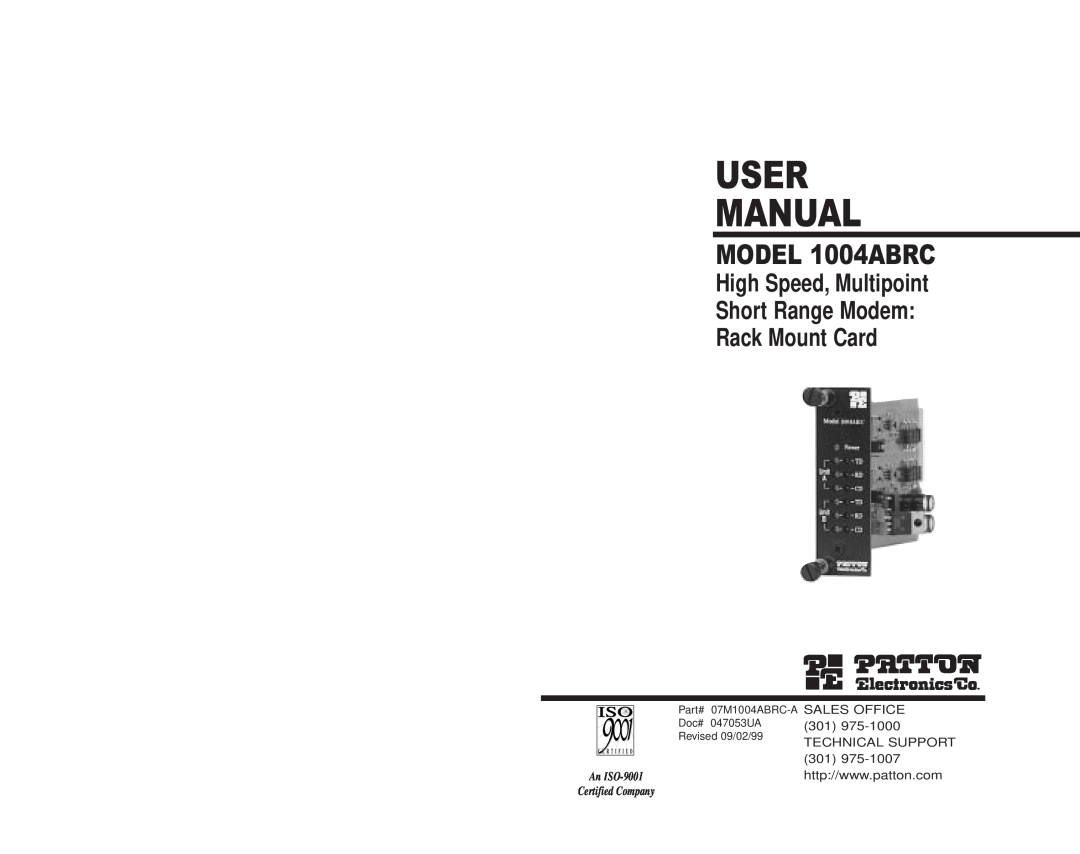 Patton electronic user manual User Manual, MODEL 1004ABRC, High Speed, Multipoint Short Range Modem Rack Mount Card 
