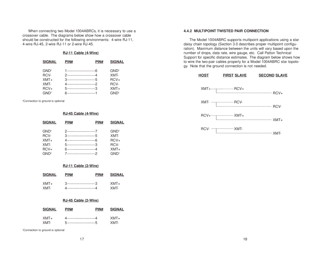 Patton electronic 1004ABRC Signal PIN# XMT+, Multipoint Twisted Pair Connection, Host First Slave Second Slave 