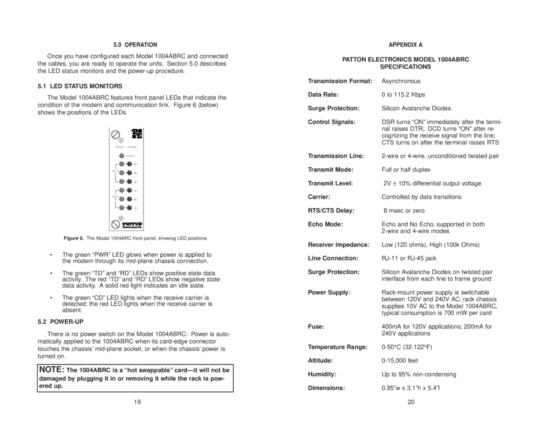 Patton electronic user manual LED Status Monitors, Power-Up, Patton Electronics Model 1004ABRC Specifications 