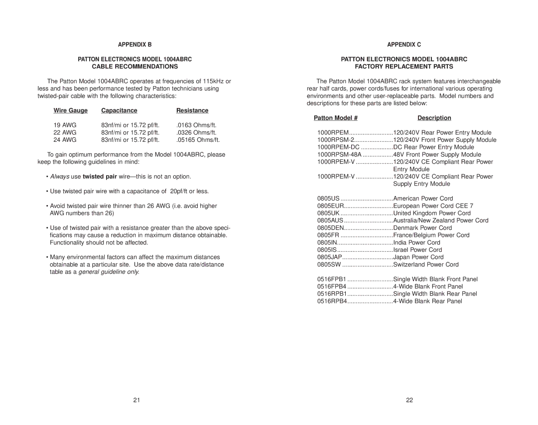 Patton electronic 1004ABRC user manual Cable Recommendations, Wire Gauge Capacitance Resistance, Patton Model # Description 