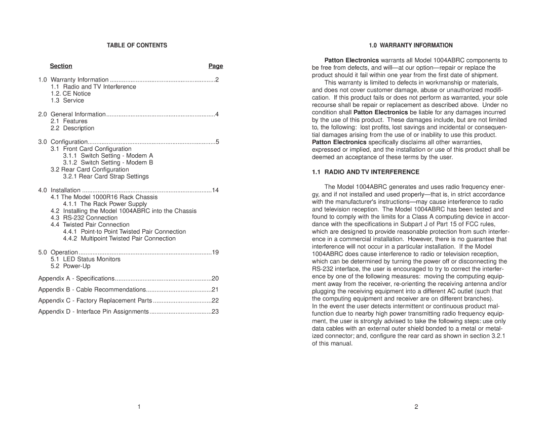 Patton electronic 1004ABRC user manual Section, Radio and TV Interference 