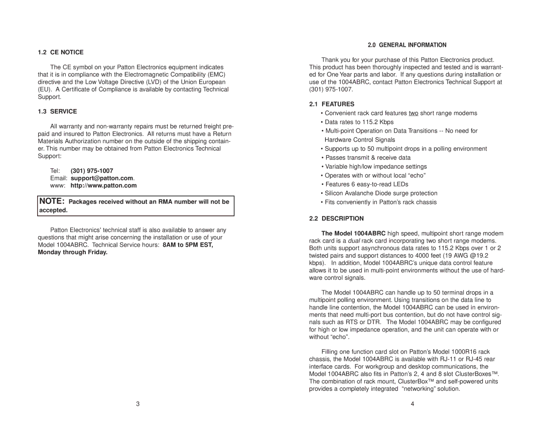 Patton electronic 1004ABRC user manual CE Notice, Service, Features, Description 