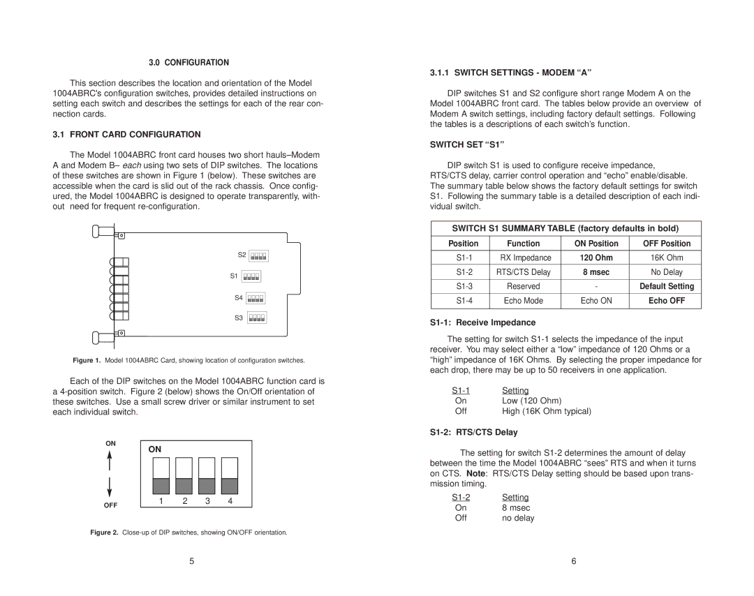 Patton electronic 1004ABRC user manual Front Card Configuration, Switch Settings Modem a, Switch SET S1 