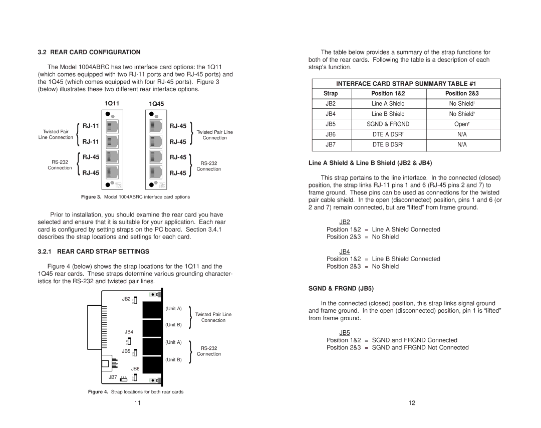 Patton electronic 1004ABRC Rear Card Configuration, Interface Card Strap Summary Table #1, Rear Card Strap Settings 