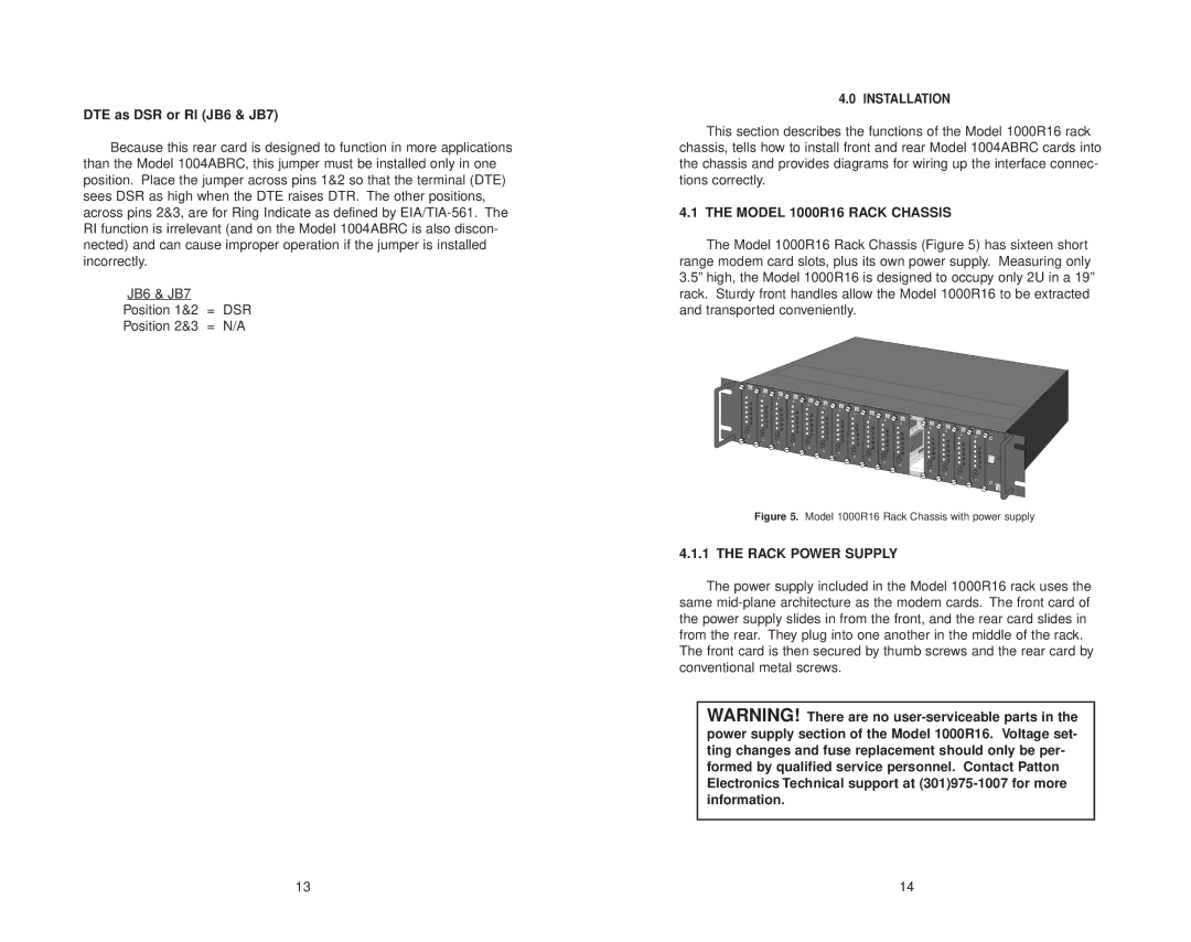 Patton electronic 1004ABRC user manual DTE as DSR or RI JB6 & JB7, Model 1000R16 Rack Chassis, Rack Power Supply 