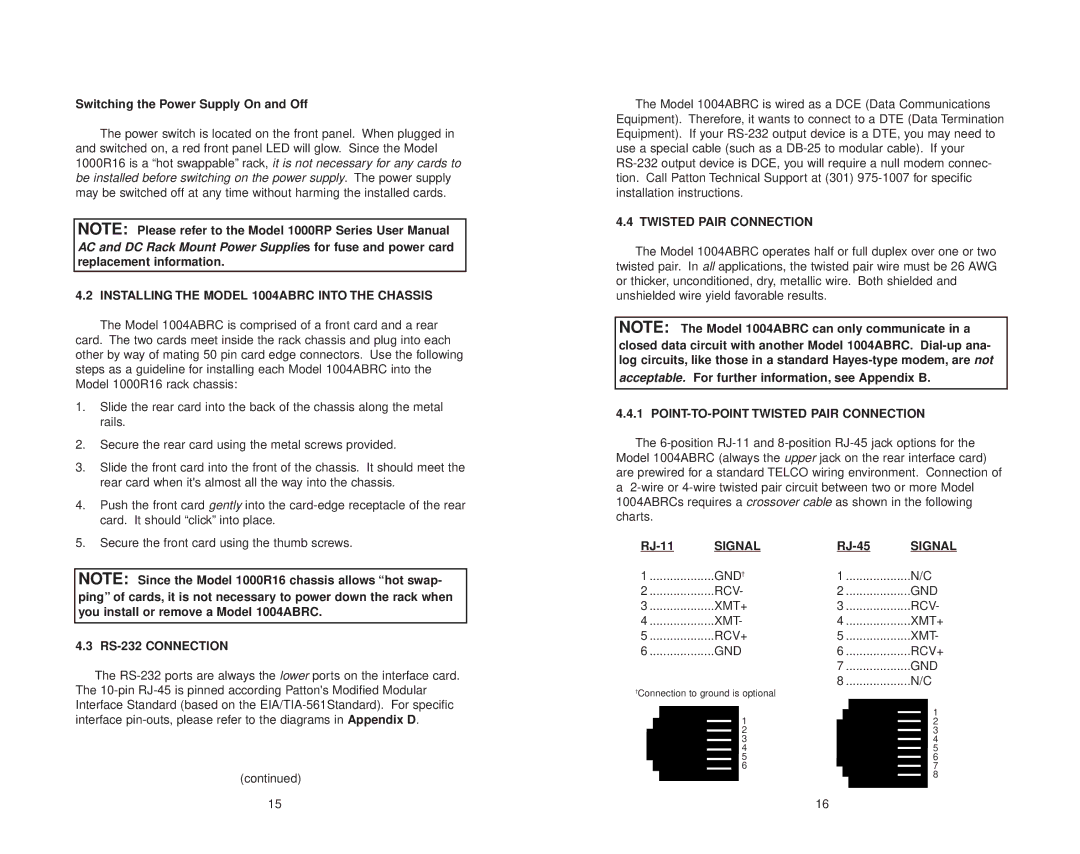 Patton electronic Installing the Model 1004ABRC Into the Chassis, RS-232 Connection, Twisted Pair Connection, Signal 