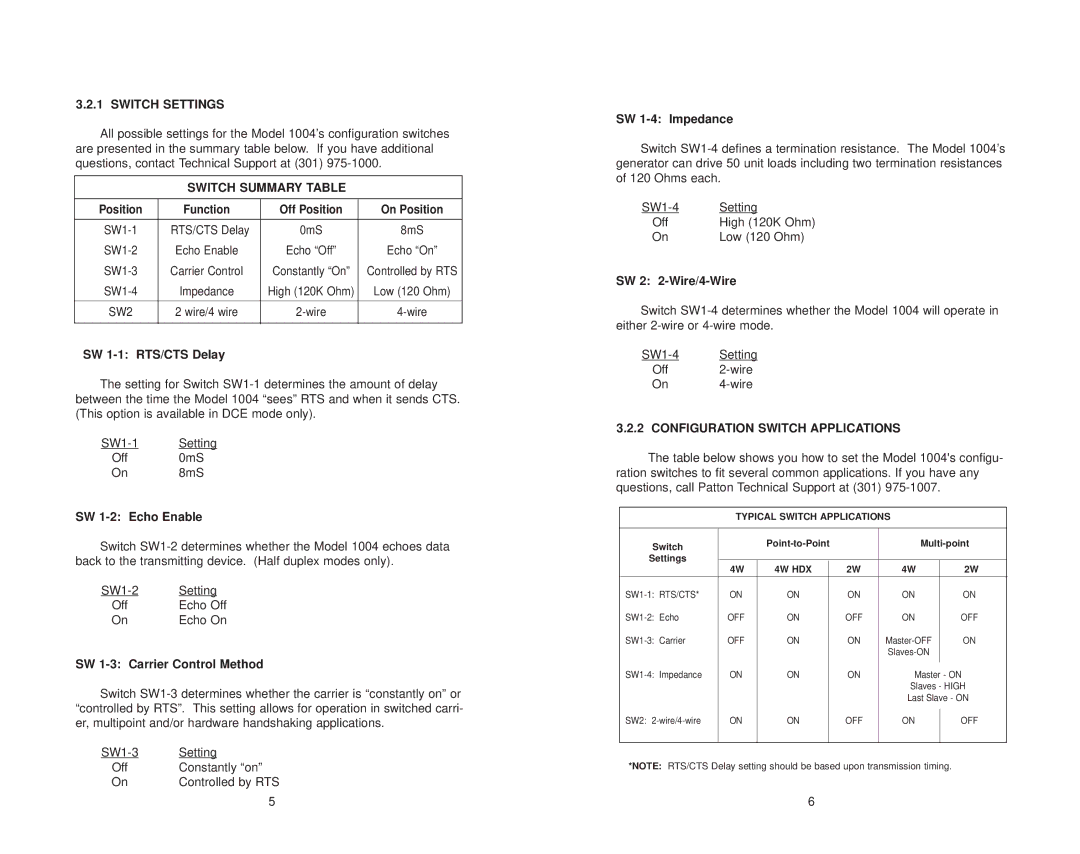 Patton electronic 1004S user manual Switch Settings, Switch Summary Table, Configuration Switch Applications 