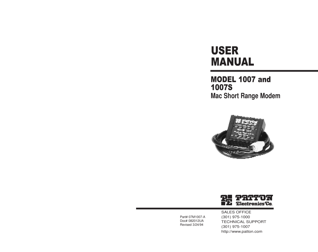 Patton electronic user manual User Manual, MODEL 1007 and 1007S, Mac Short Range Modem 