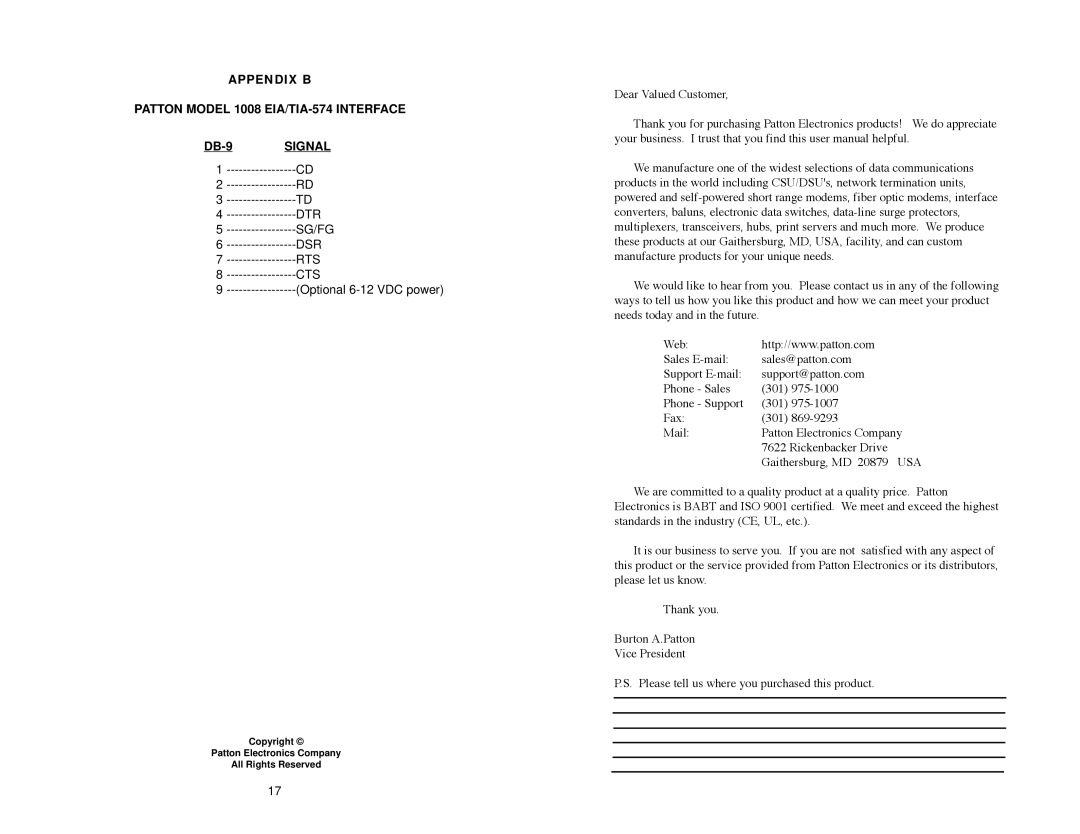 Patton electronic 1008 user manual Copyright Patton Electronics Company All Rights Reserved 