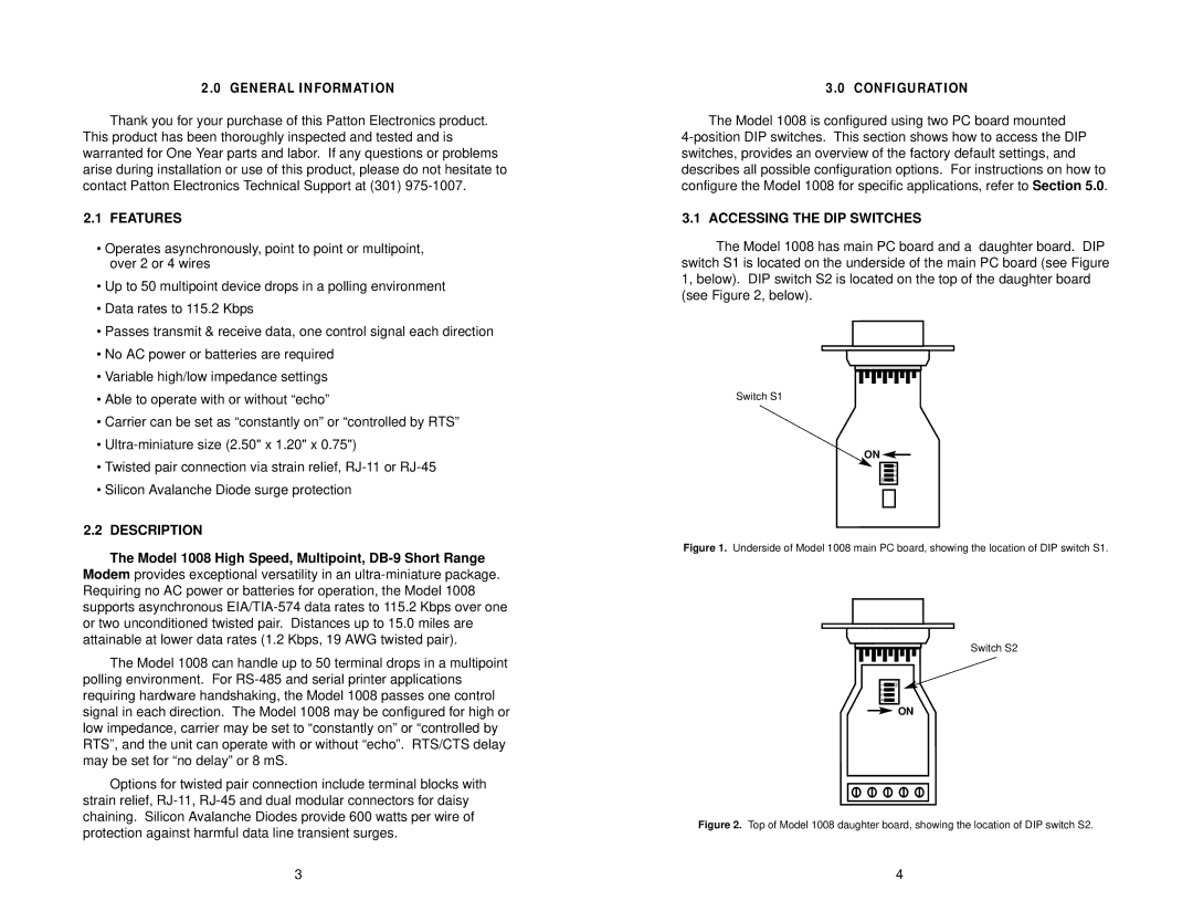 Patton electronic 1008 user manual Features, Description, Accessing the DIP Switches 