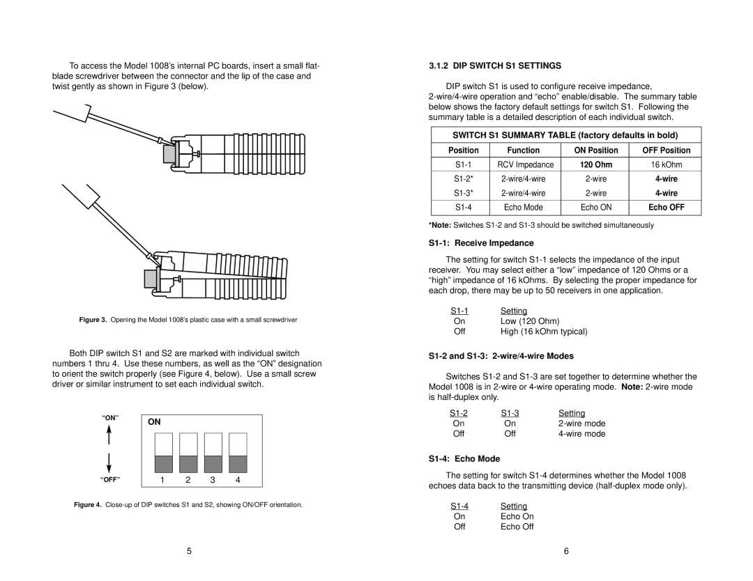 Patton electronic 1008 DIP Switch S1 Settings, Switch S1 Summary Table factory defaults in bold, S1-1 Receive Impedance 