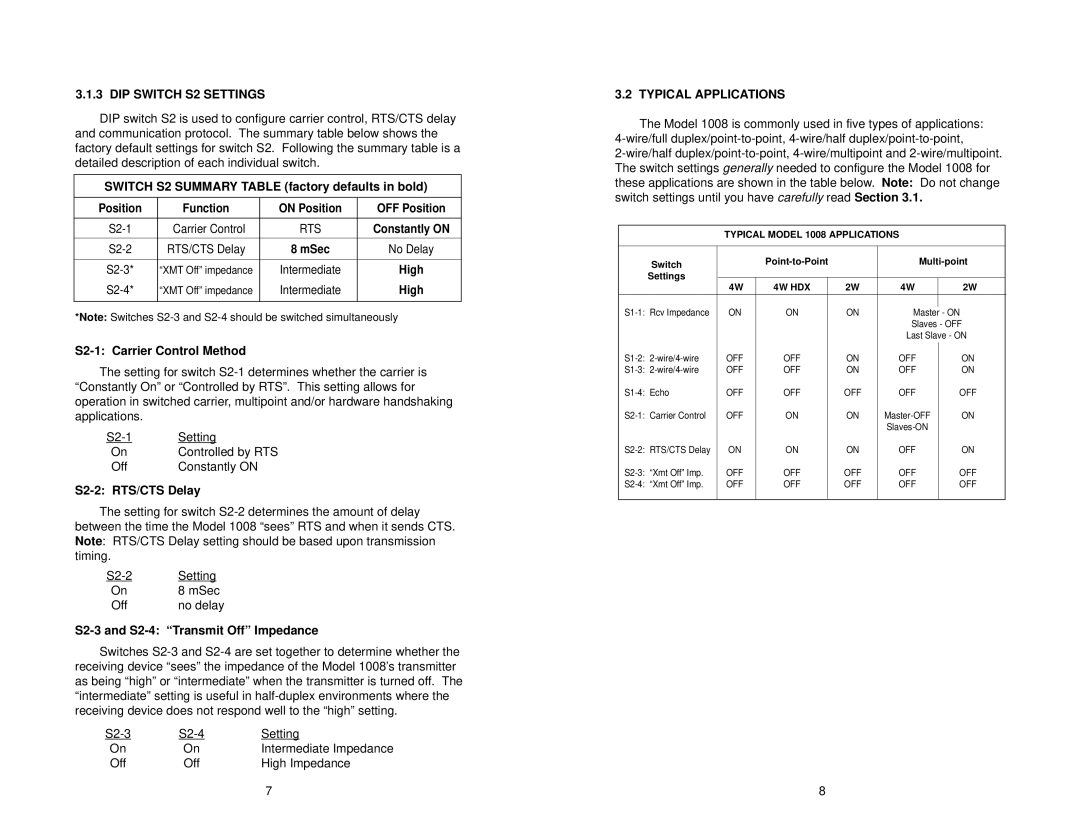 Patton electronic 1008 user manual DIP Switch S2 Settings, Typical Applications 