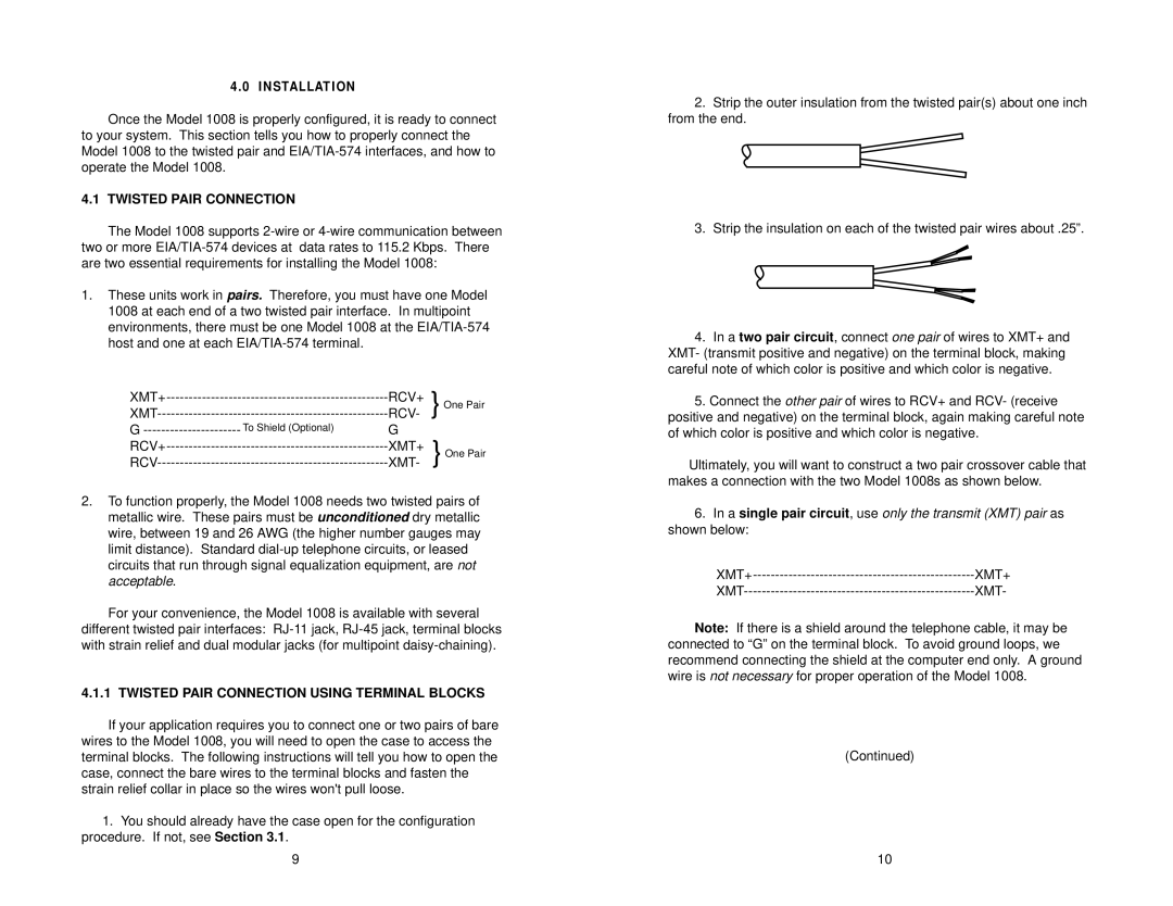 Patton electronic 1008 user manual Twisted Pair Connection Using Terminal Blocks 