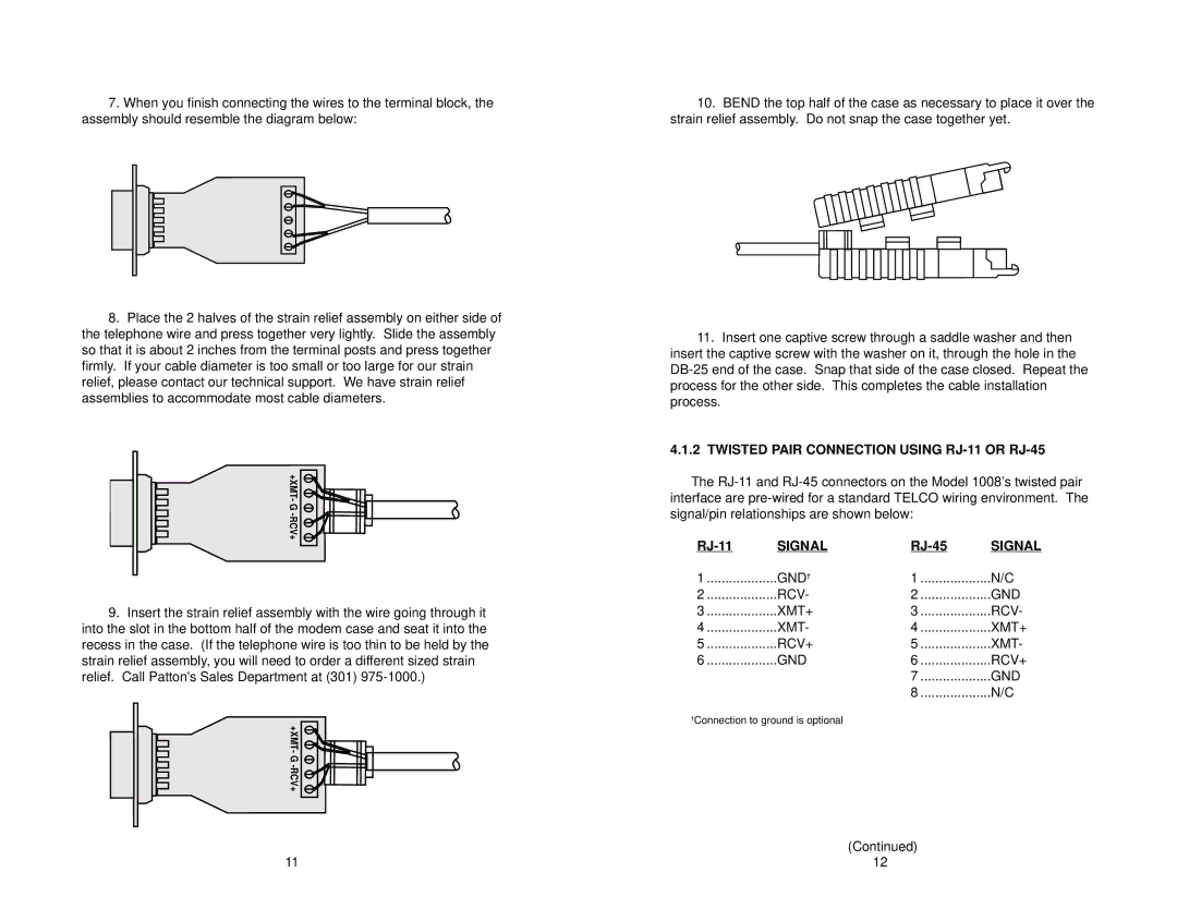 Patton electronic 1008 user manual Twisted Pair Connection Using RJ-11 or RJ-45, Signal 