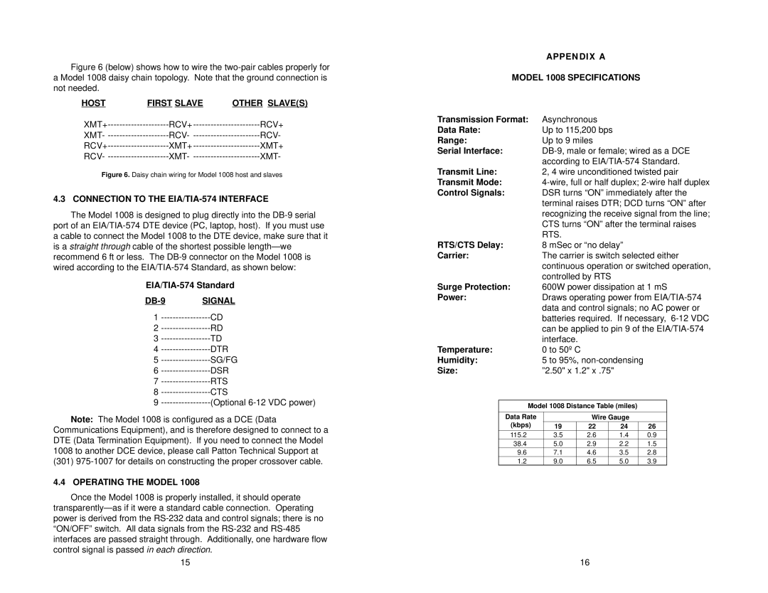 Patton electronic 1008 user manual Host First Slave Other Slaves, Connection to the EIA/TIA-574 Interface, DB-9 Signal 