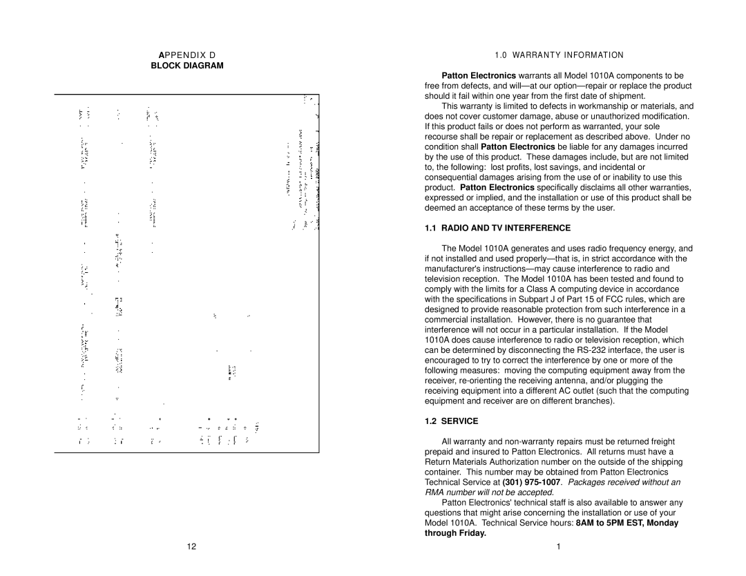 Patton electronic 1010A user manual Appendix D, Block Diagram, Radio and TV Interference, Service 