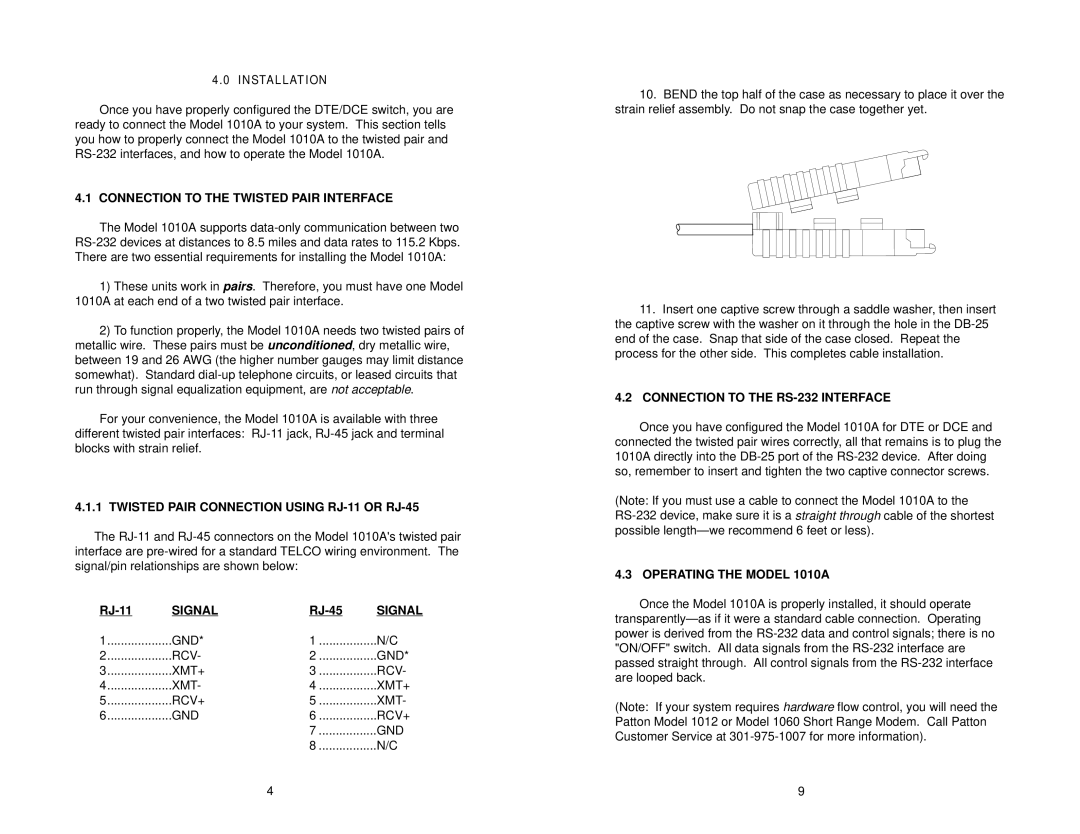 Patton electronic 1010A Connection to the Twisted Pair Interface, Twisted Pair Connection Using RJ-11 or RJ-45, Signal 