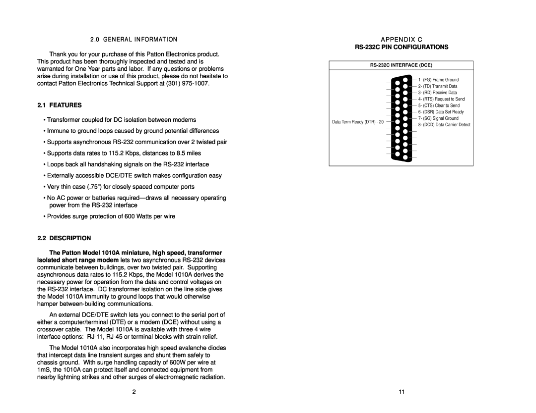 Patton electronic 1010A user manual Features, APPENDIX C RS-232C PIN CONFIGURATIONS, Description 
