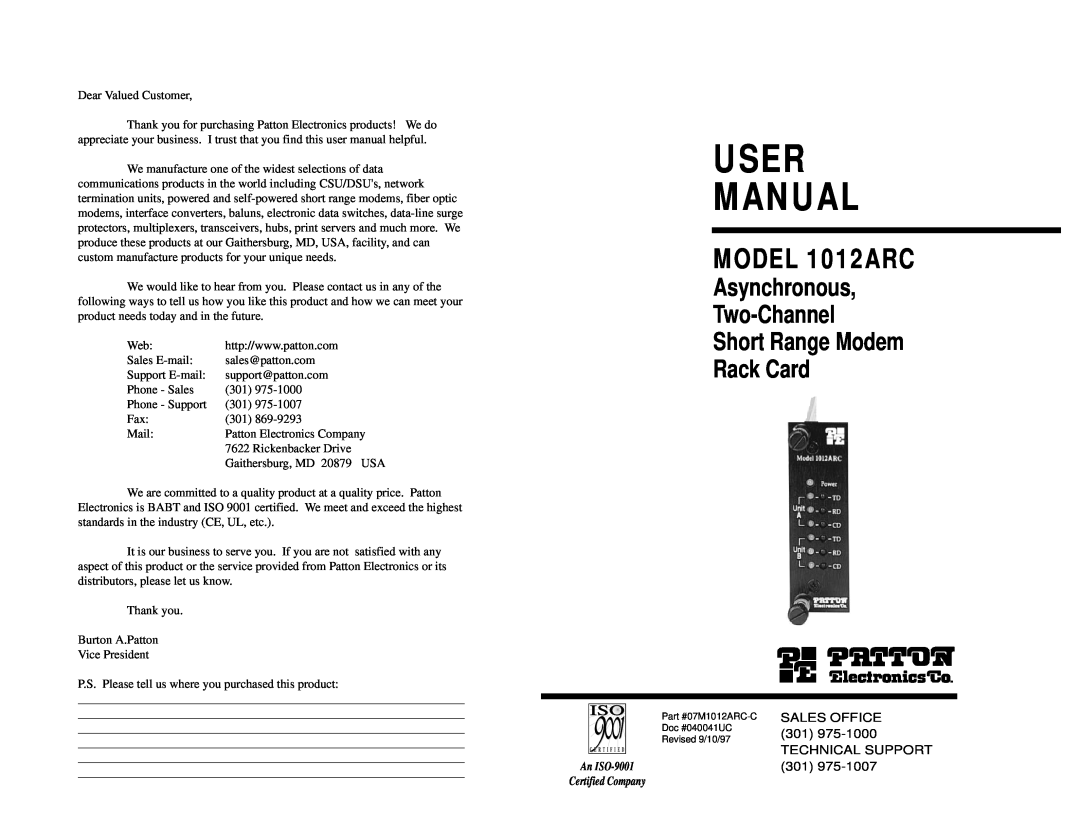 Patton electronic Asynchronous user manual User Manual, MODEL 1012ARC, Sales Office, Technical Support 