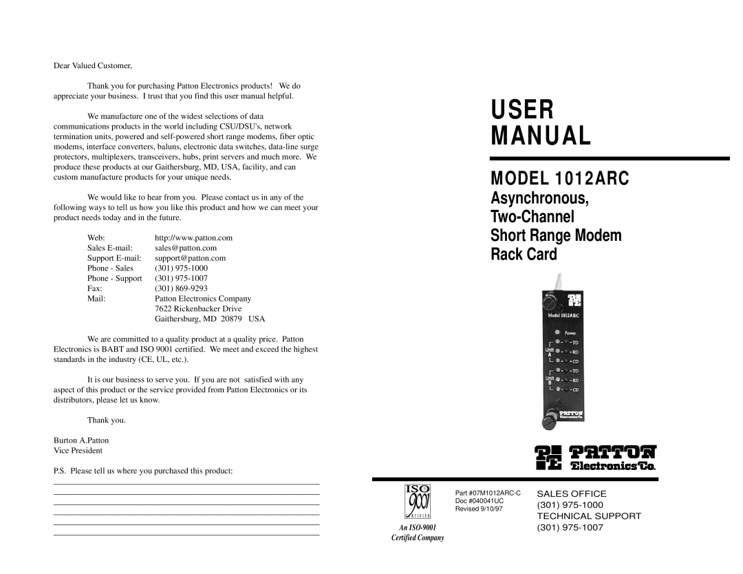 Patton electronic Asynchronous, 1012ARC user manual User Manual 