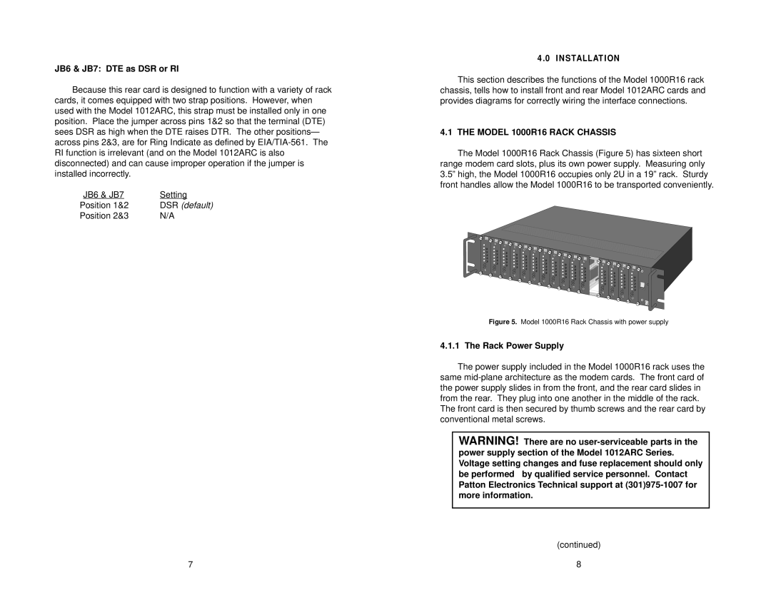 Patton electronic Asynchronous, 1012ARC JB6 & JB7 DTE as DSR or RI, Model 1000R16 Rack Chassis, Rack Power Supply 