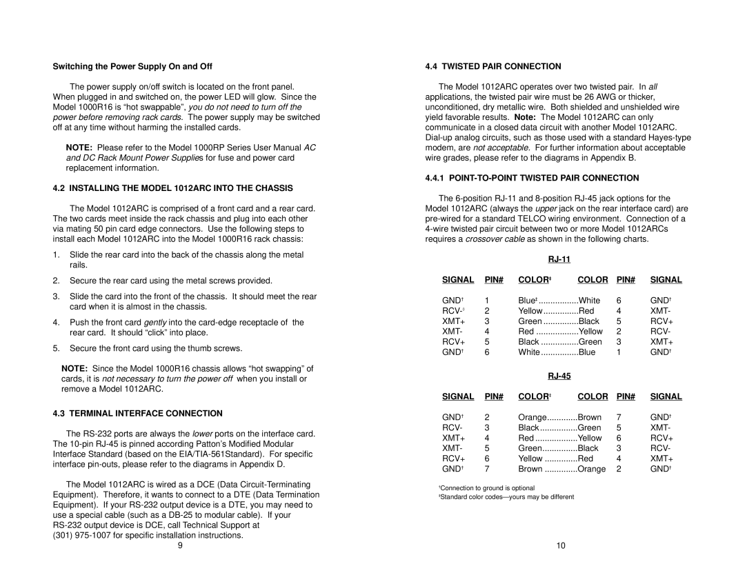 Patton electronic Installing the Model 1012ARC Into the Chassis, Terminal Interface Connection, Twisted Pair Connection 
