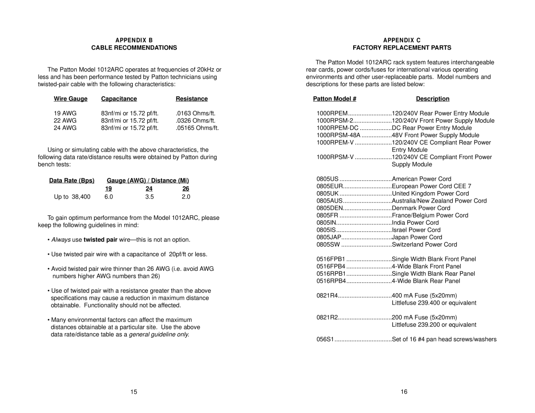 Patton electronic Asynchronous Cable Recommendations, Wire Gauge Capacitance Resistance, Factory Replacement Parts 