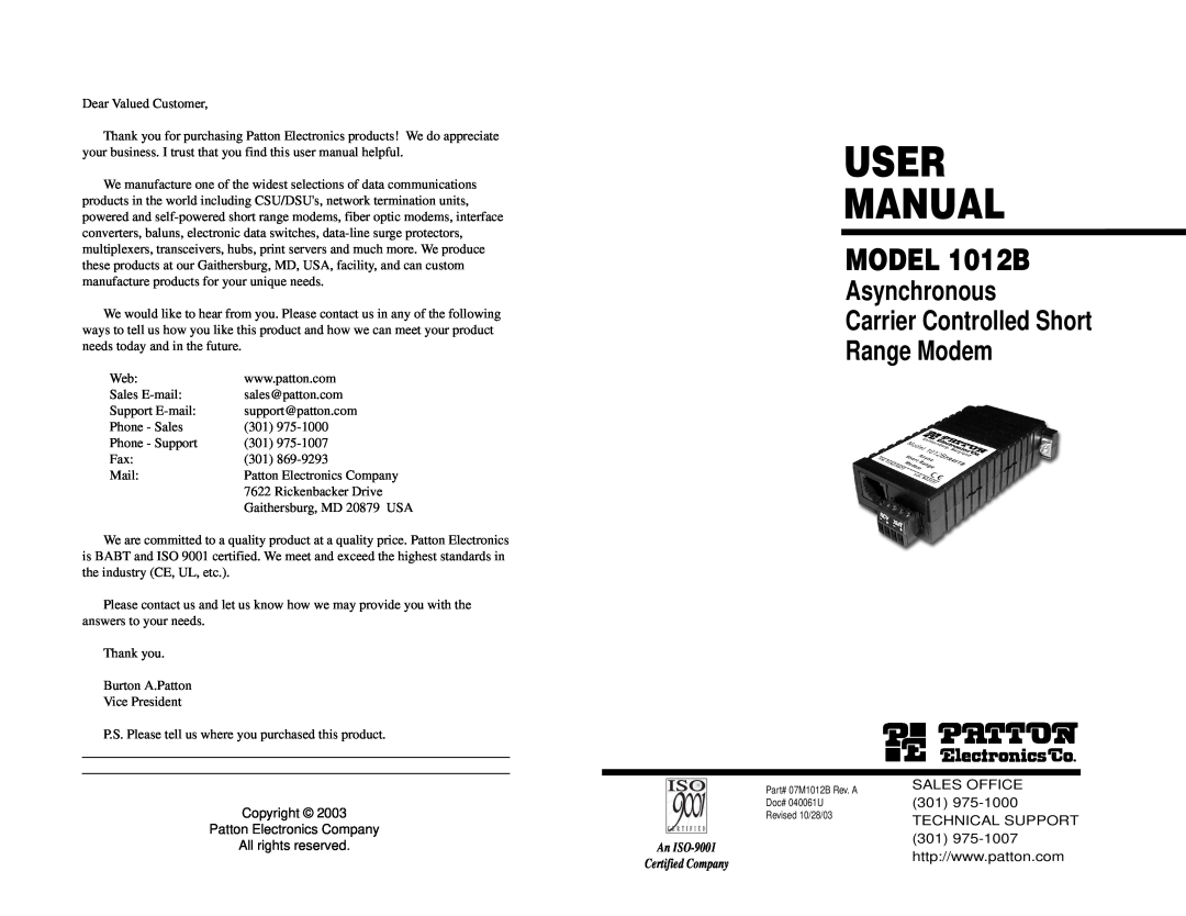 Patton electronic user manual MODEL 1012B, Asynchronous Carrier Controlled Short Range Modem, Sales Office 