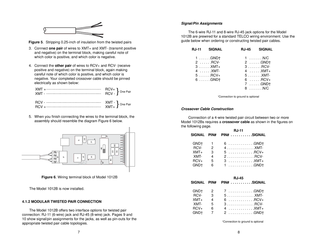 Patton electronic 1012B Modular Twisted Pair Connection, Signal/Pin Assignments, Crossover Cable Construction, Signal PIN# 