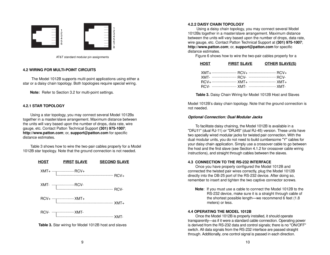 Patton electronic 1012B user manual Optional Connection Dual Modular Jacks 