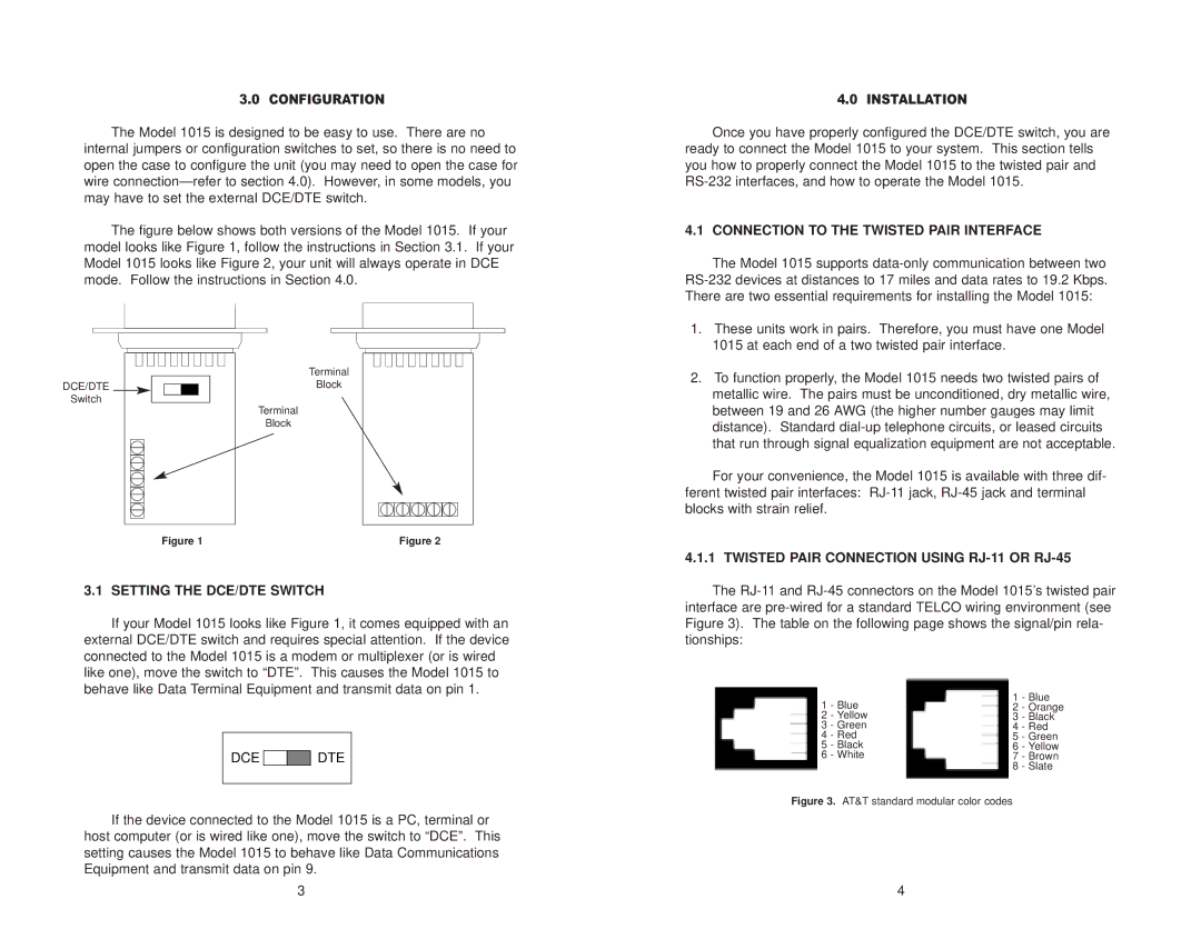 Patton electronic 1015S user manual Setting the DCE/DTE Switch, Dce Dte, Connection to the Twisted Pair Interface 