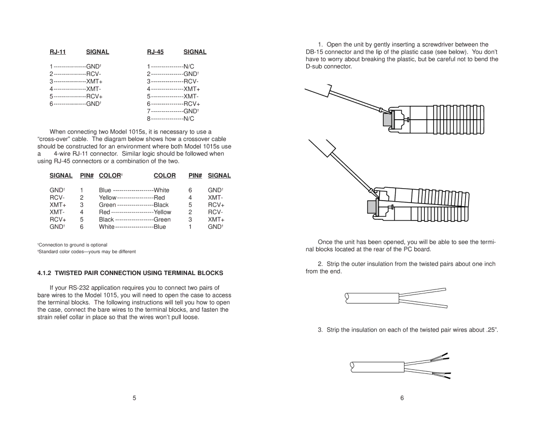 Patton electronic 1015S user manual Signal PIN# Color ‡, Twisted Pair Connection Using Terminal Blocks 