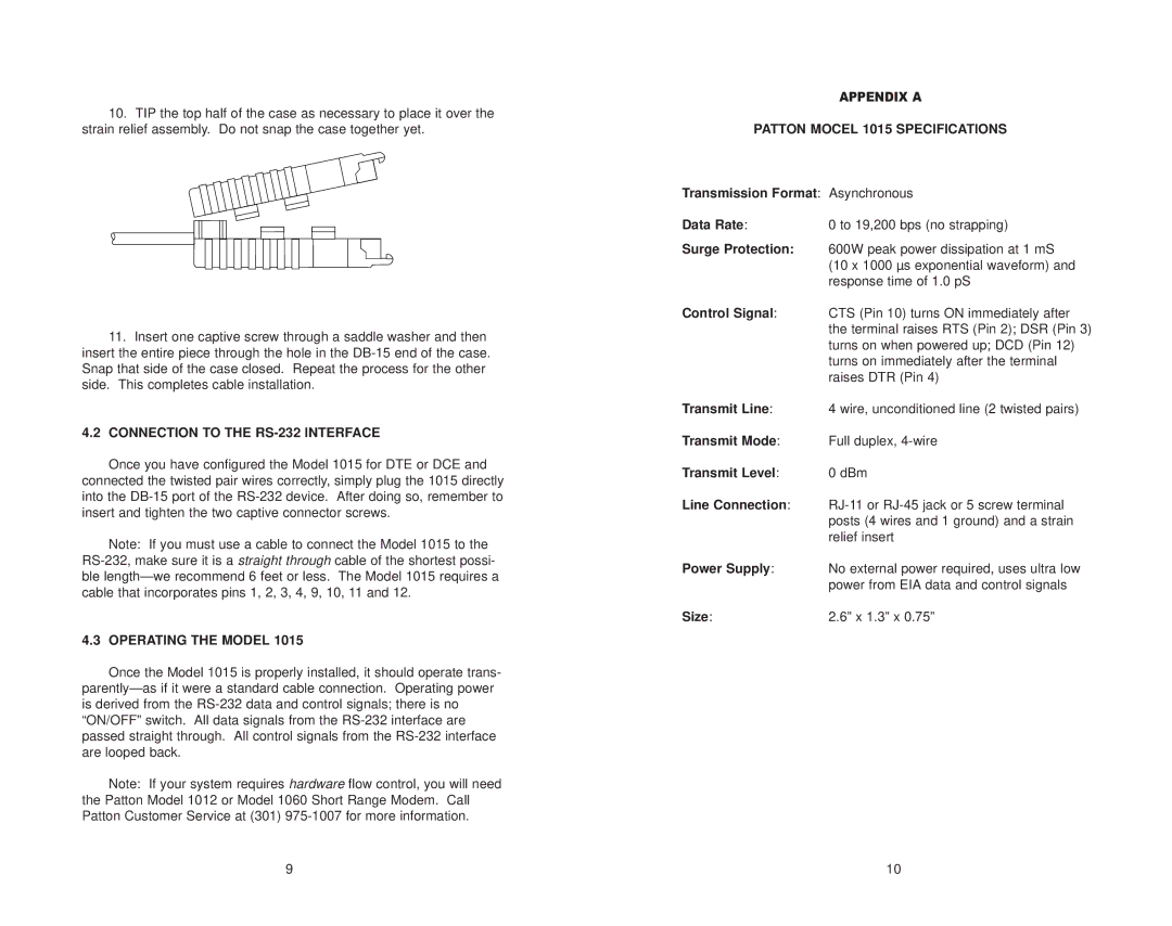 Patton electronic 1015S Connection to the RS-232 Interface, Operating the Model, Patton Mocel 1015 Specifications 