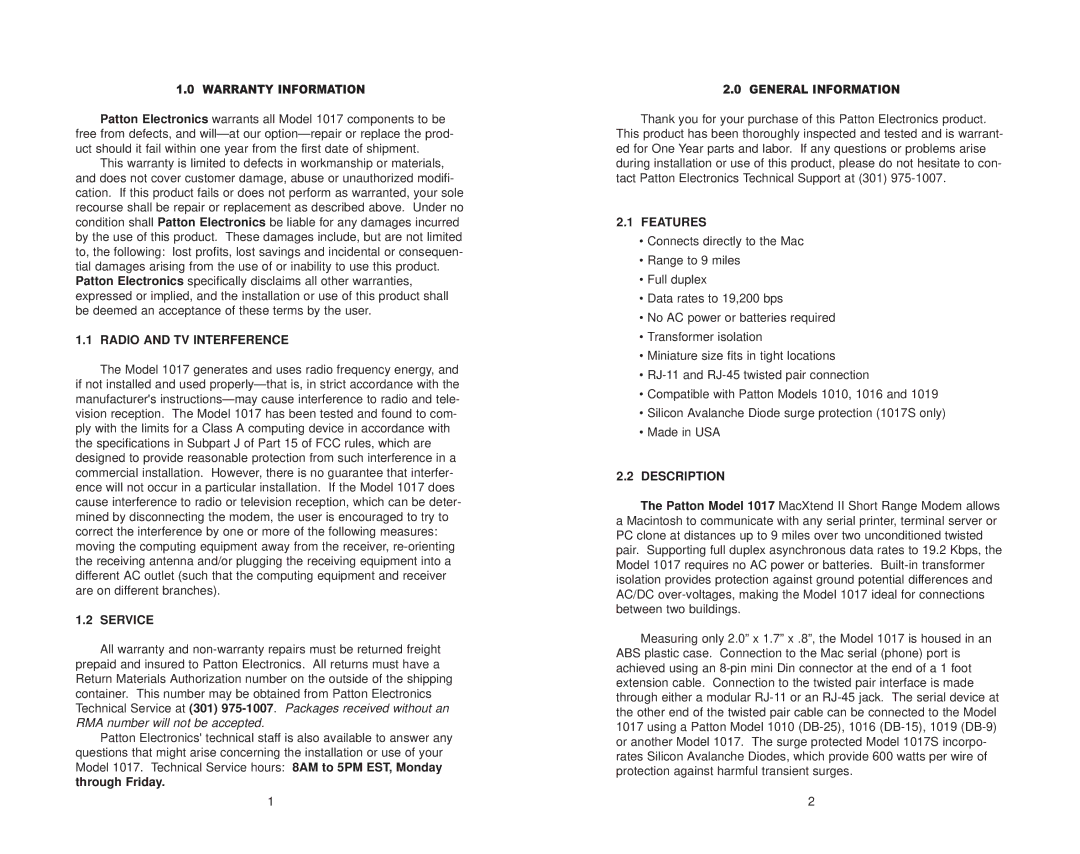 Patton electronic 1017S user manual Radio and TV Interference, Service, Features, Description 