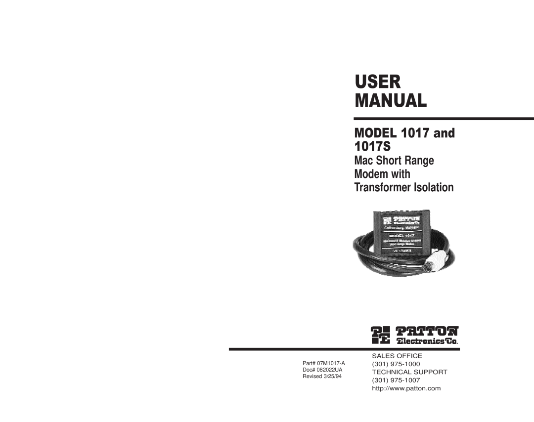 Patton electronic user manual User Manual, MODEL 1017 and 1017S, Mac Short Range Modem with Transformer Isolation 
