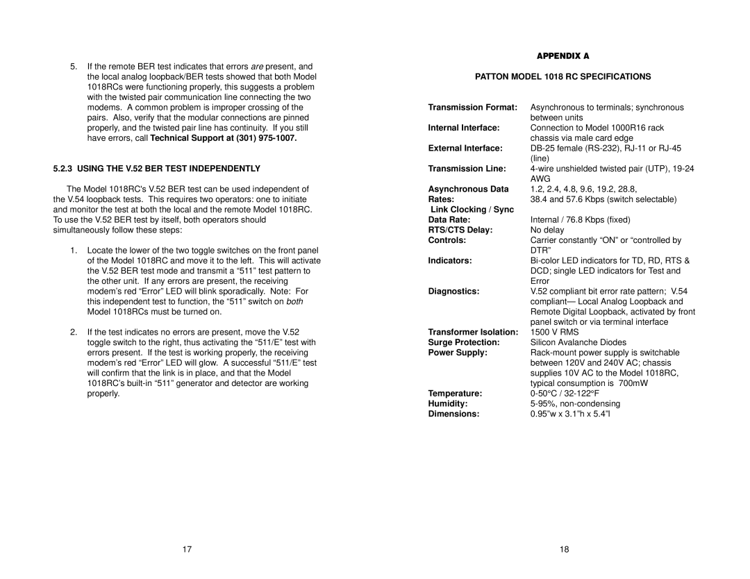 Patton electronic 1018RC user manual Using the V.52 BER Test Independently, Patton Model 1018 RC Specifications 