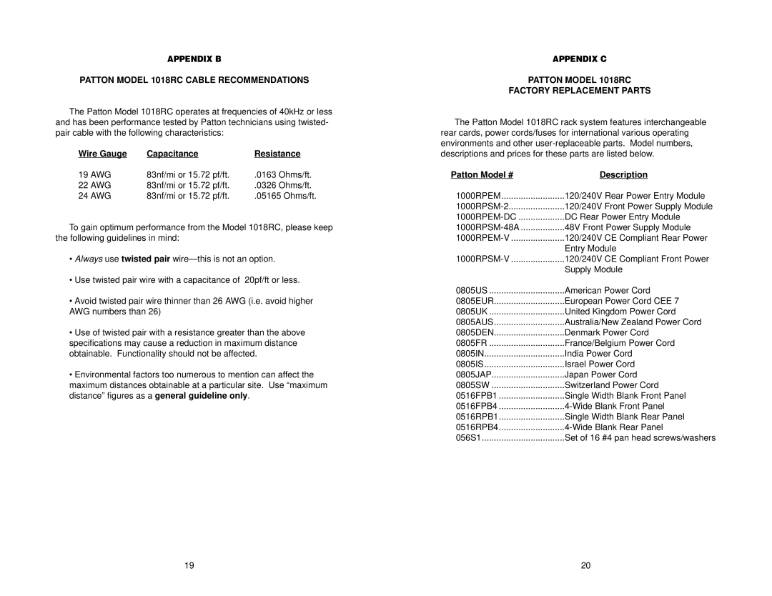 Patton electronic user manual Patton Model 1018RC Cable Recommendations, Wire Gauge Capacitance Resistance 