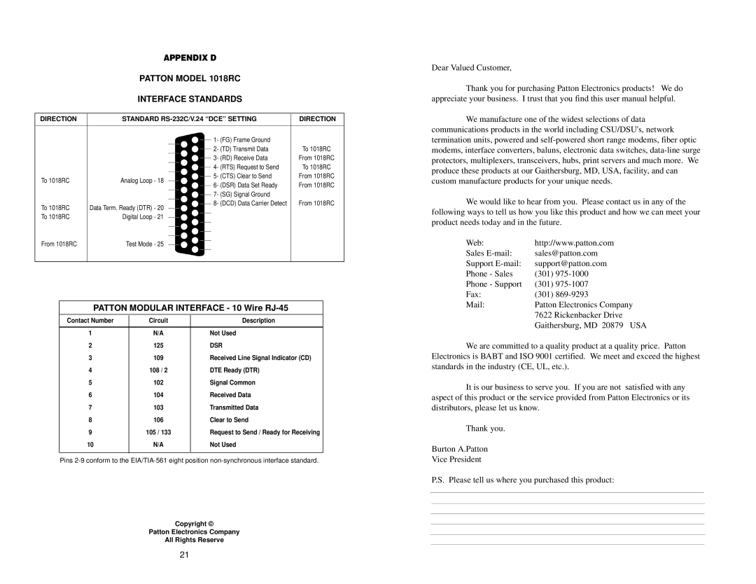 Patton electronic user manual Patton Model 1018RC Interface Standards, Patton Modular Interface 10 Wire RJ-45 