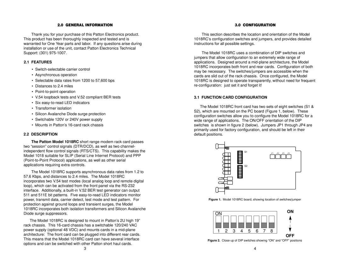 Patton electronic 1018RC user manual Features, Description, Function Card Configuration 