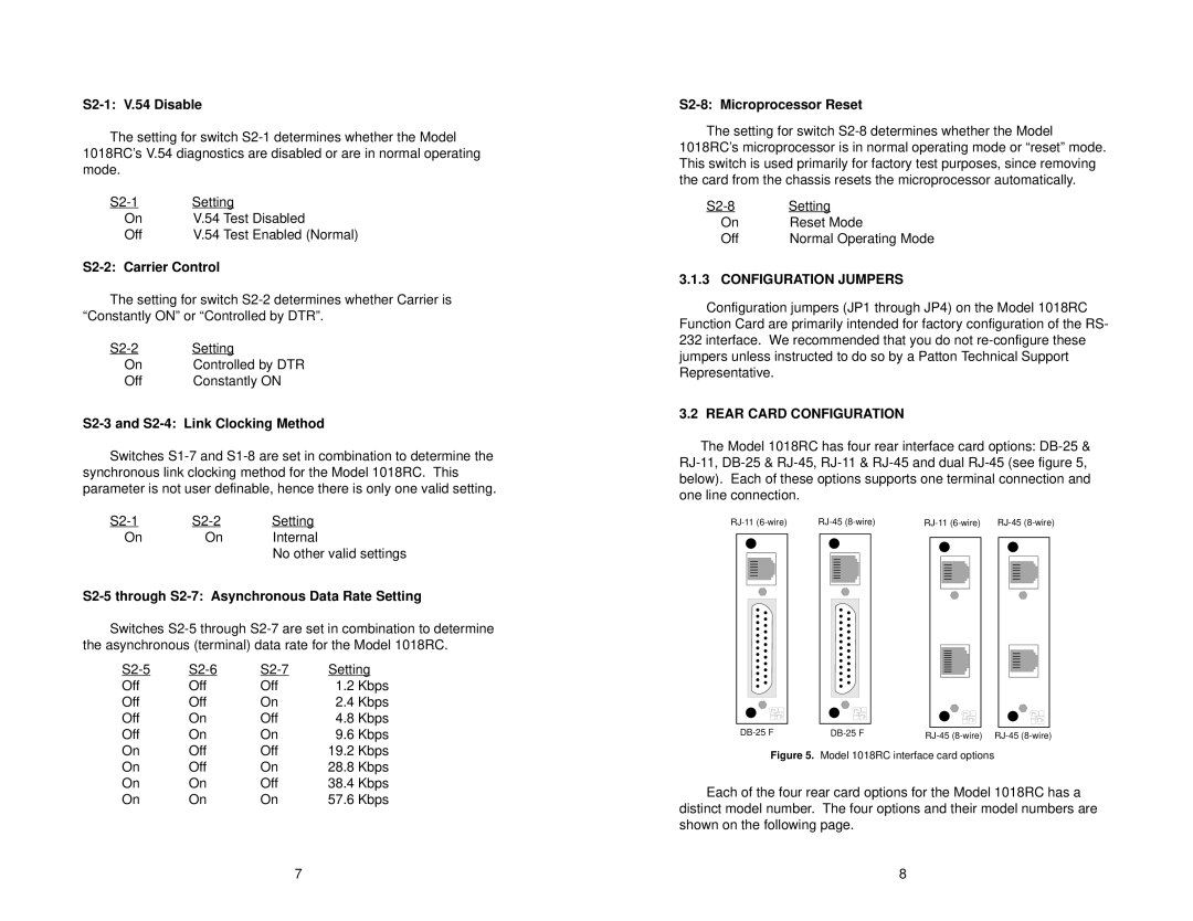 Patton electronic 1018RC user manual Configuration Jumpers, Rear Card Configuration 