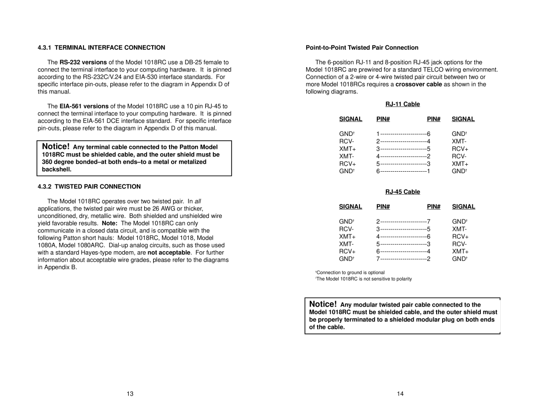 Patton electronic 1018RC user manual Terminal Interface Connection, Twisted Pair Connection, Signal PIN# 