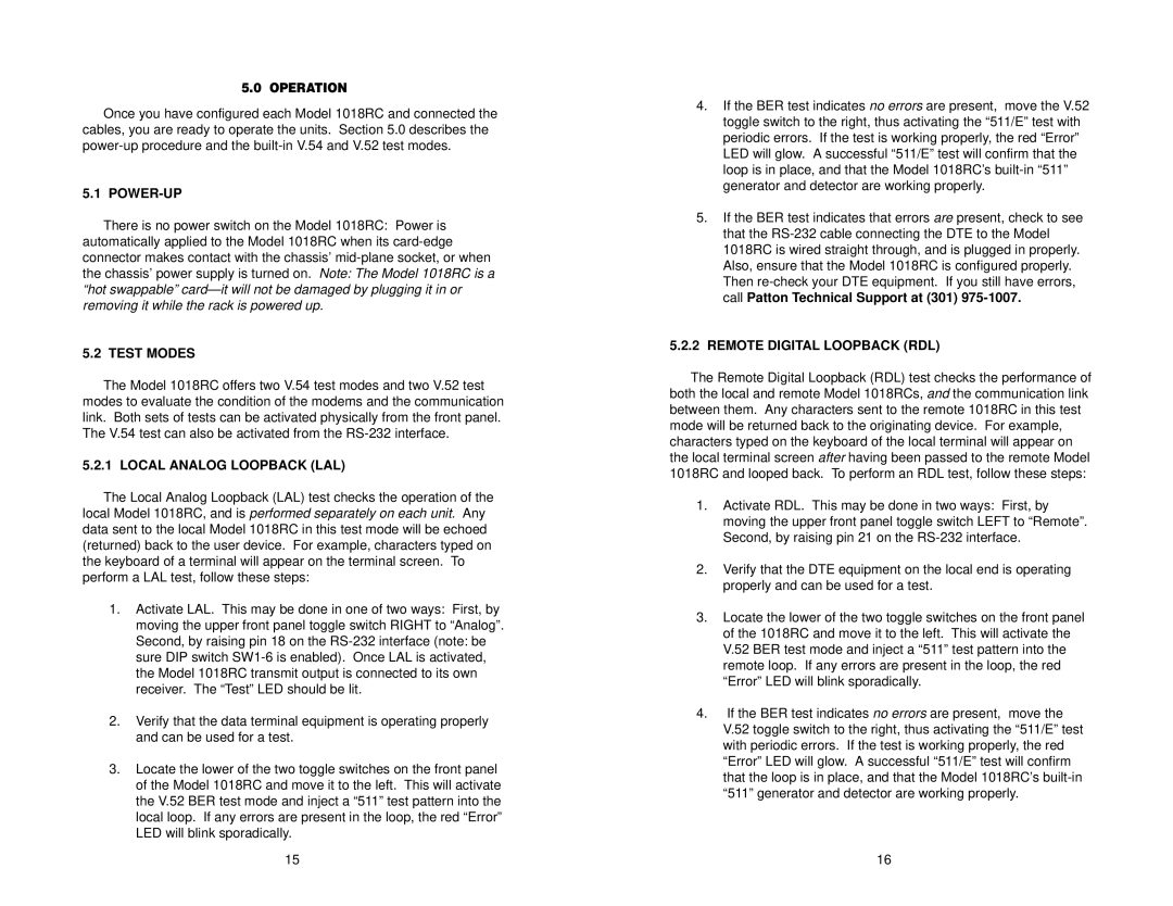 Patton electronic 1018RC user manual Power-Up, Test Modes, Local Analog Loopback LAL, Remote Digital Loopback RDL 