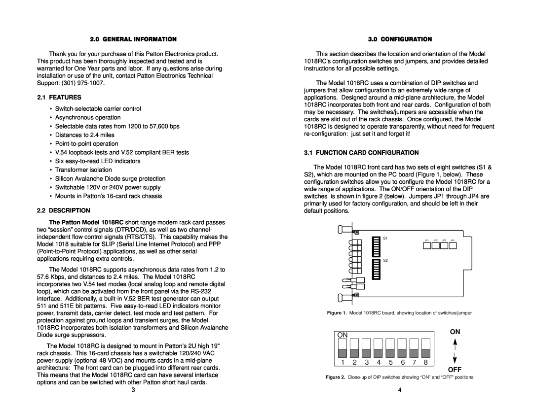 Patton electronic 1018RC user manual 1 2 3 4 5 6 7, Features, Description, Function Card Configuration 