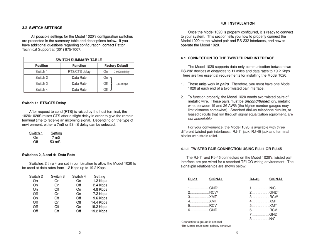 Patton electronic 1020S user manual Switch Settings, Switch Summary Table, Connection to the Twisted Pair Interface, Signal 