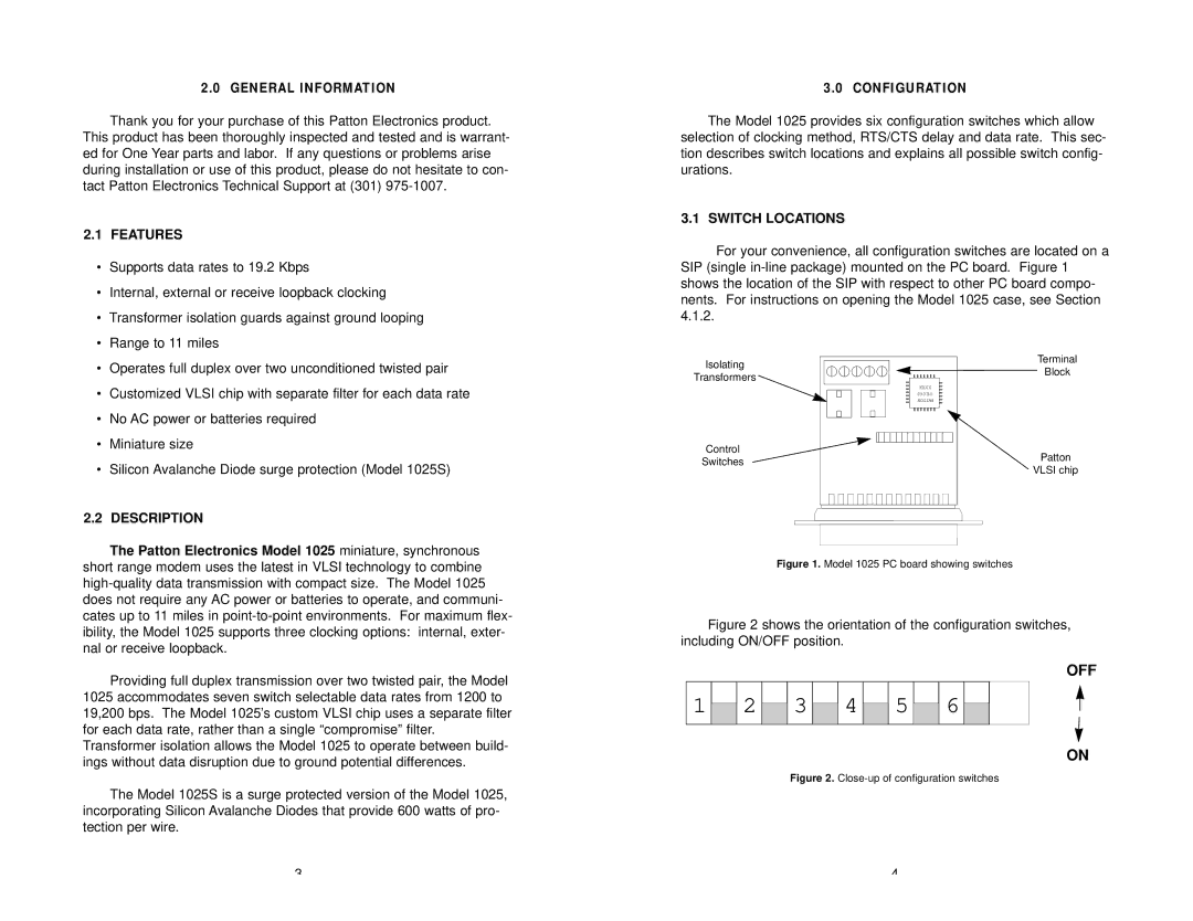 Patton electronic 1025S user manual Features, Switch Locations, Description 
