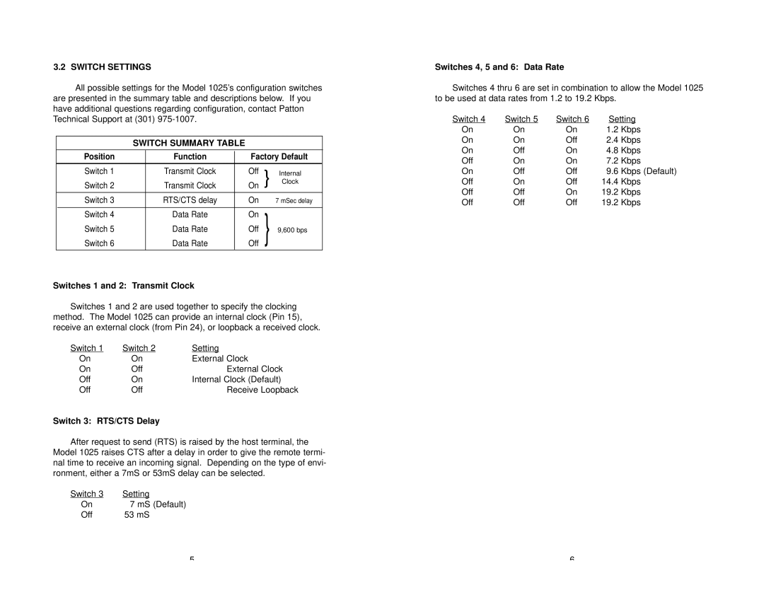 Patton electronic 1025S Switch Settings, Switch Summary Table, Switches 1 and 2 Transmit Clock, Switch 3 RTS/CTS Delay 