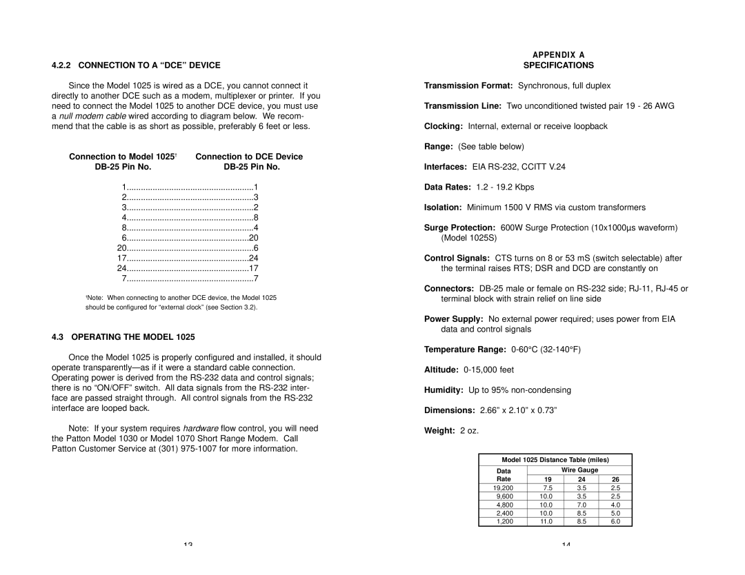 Patton electronic 1025S Connection to a DCE Device, Operating the Model, Specifications, Temperature Range 0-60C32-140F 